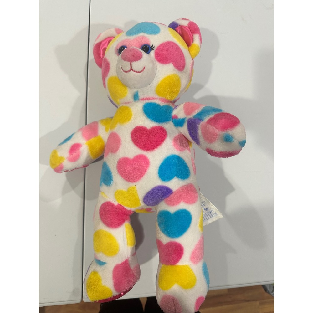 Build-A-Bear Workshop Colorful Hearts Teddy Bear Plush Pink Blue Yellow 10/19